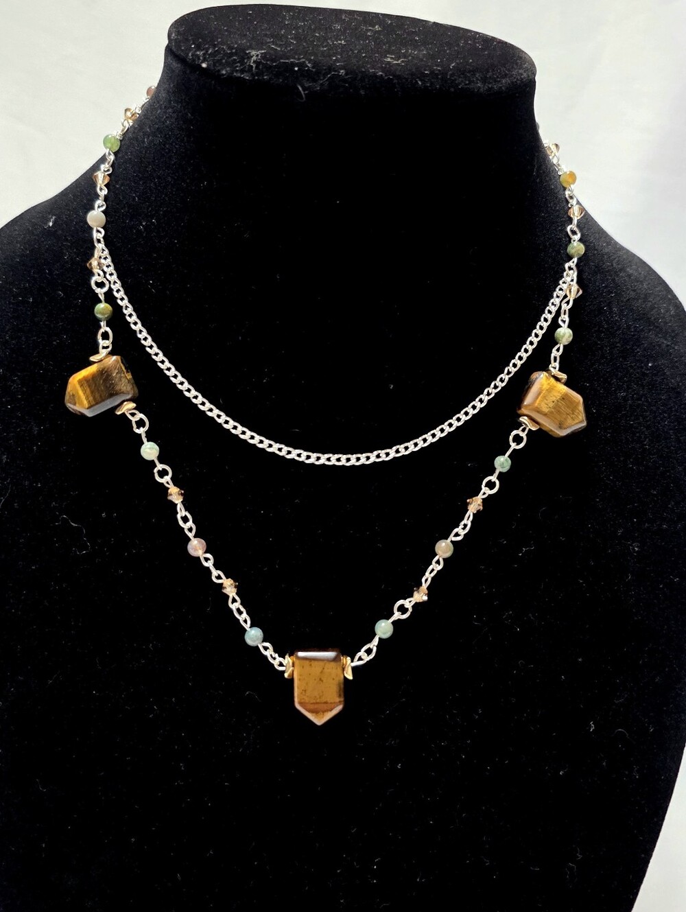 Layered Tiger Eye with Beads Silver Chain Necklace